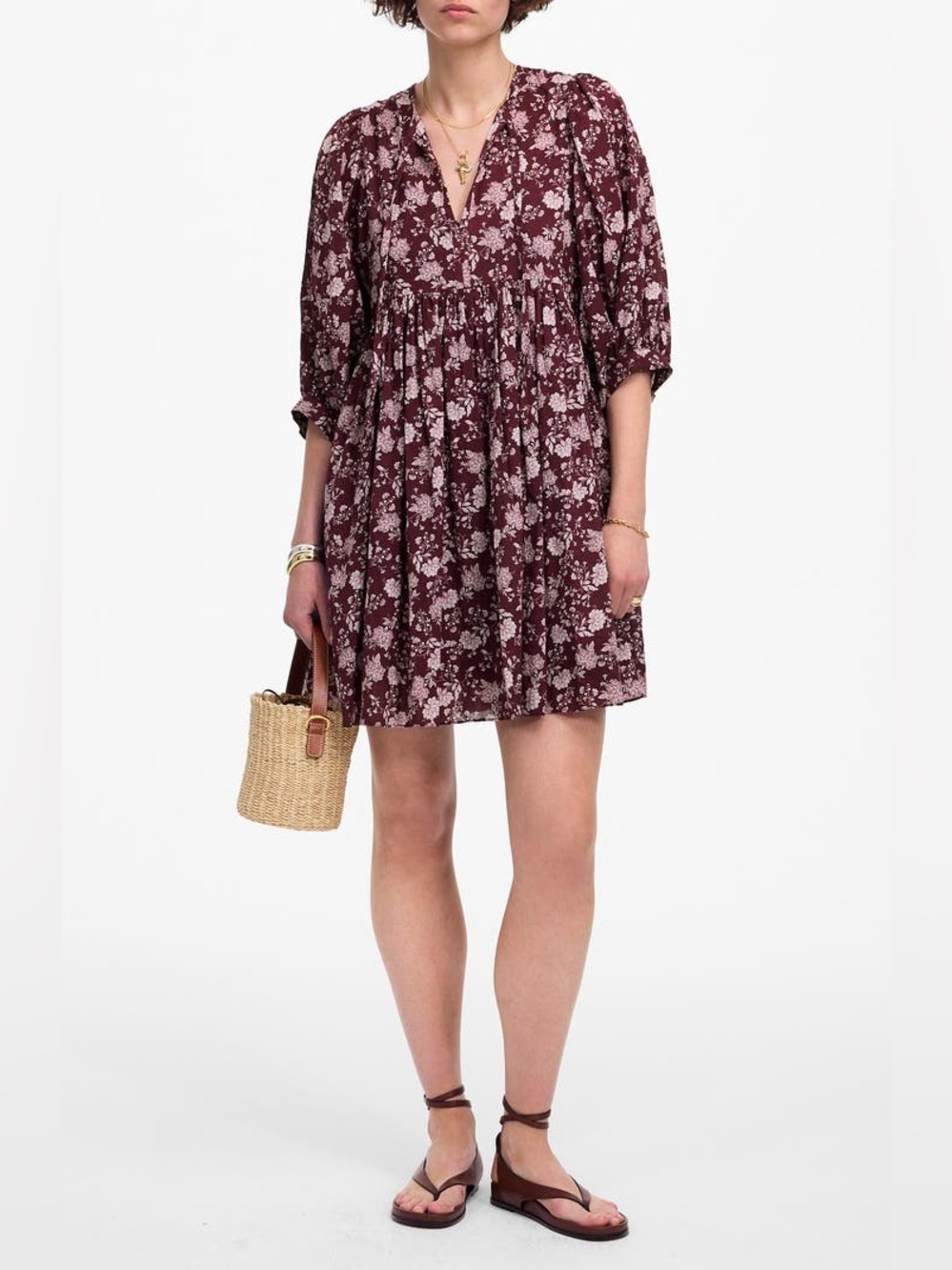 Madewell Floral V-Neck Mini Dress in Burgundy Sz L